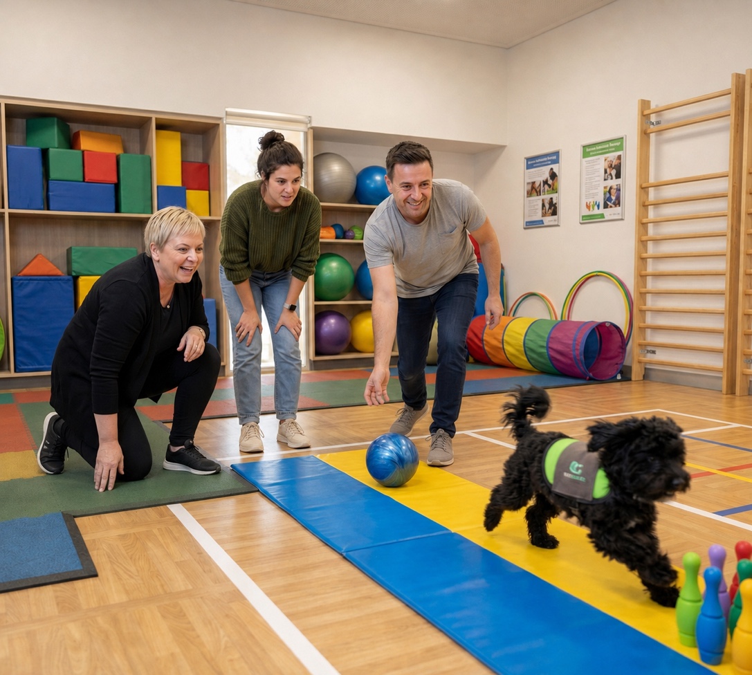 Cooper compartiendo una actividad asistida con un grupo de personas adultas