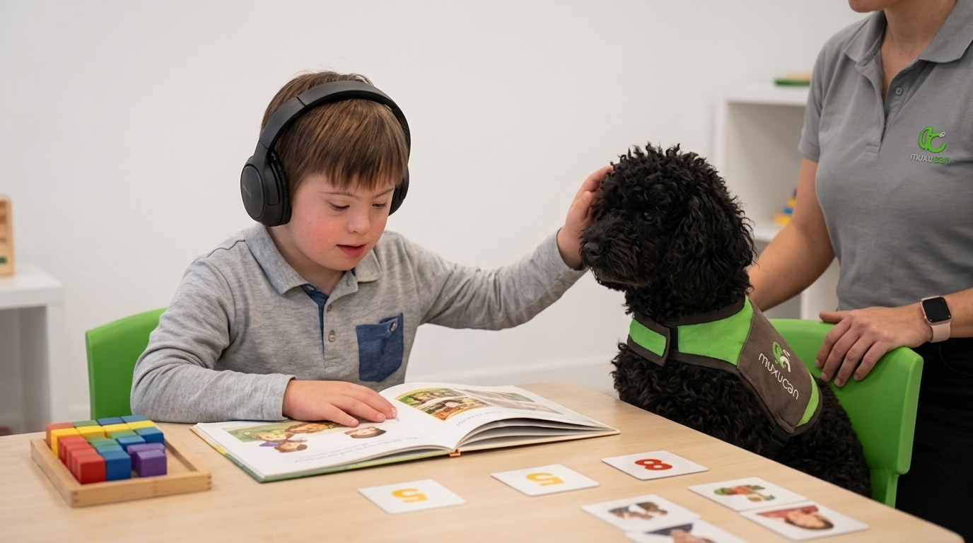 Actividad educativa asistida con un niño y un perro de Muxukan